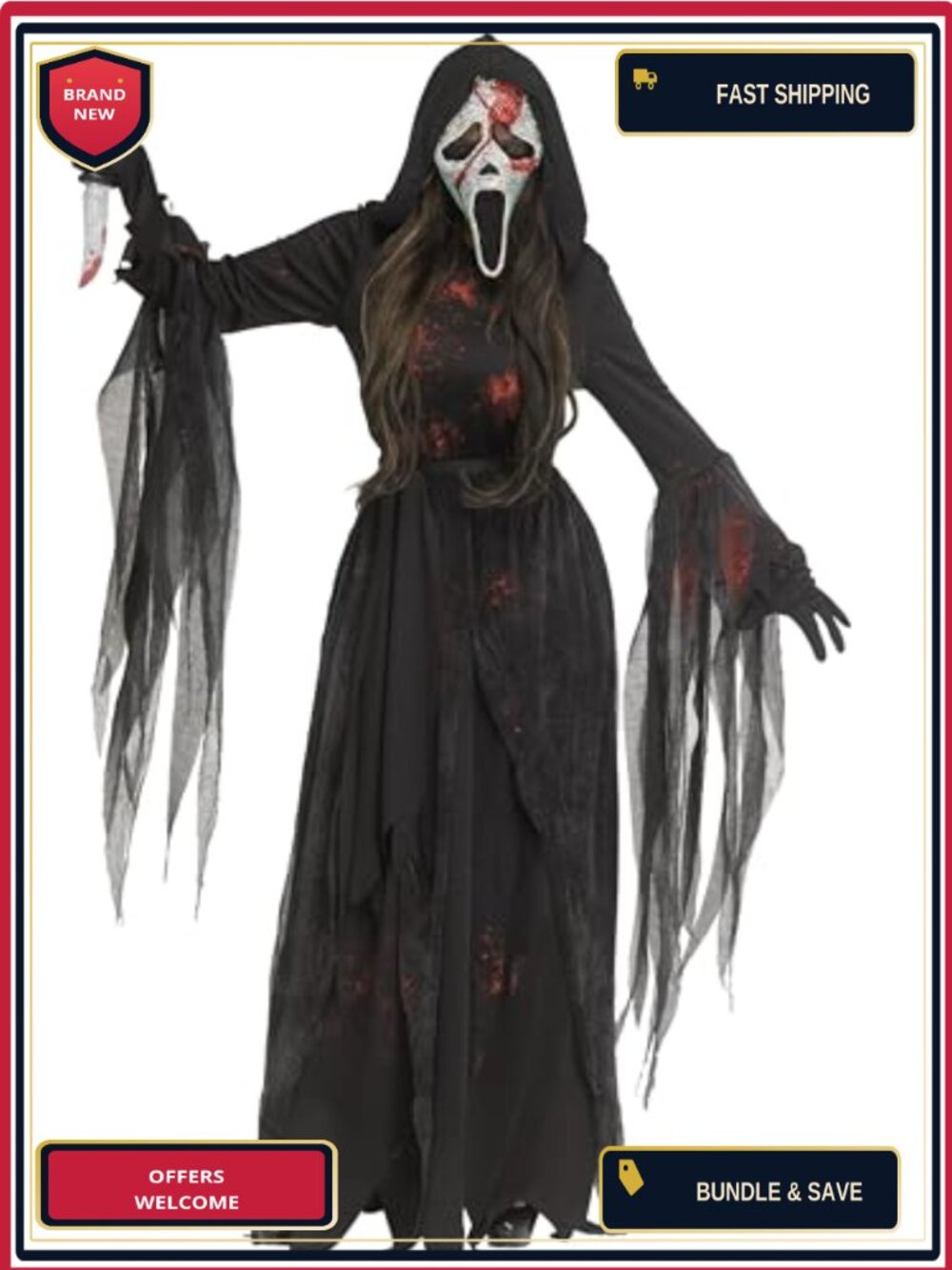 Ghost Face Bloody Bling Halloween Costume Hooded Gown Belt Gloves Mask